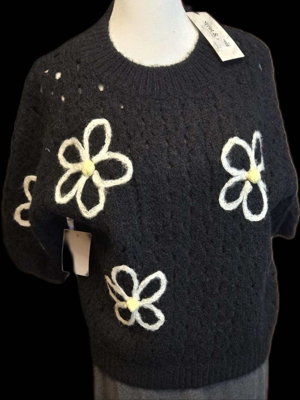 Size M Strut & Bolt Black Daisy Cable Knit Sweater NWT